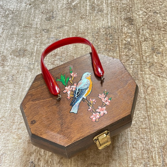 Hand Made Vintage Wooden Mini Bag with Red Handle - Picture 2 of 11